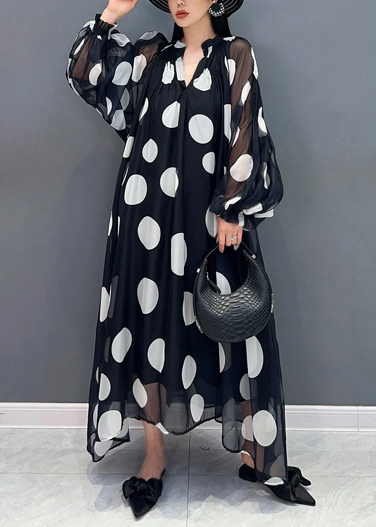 Black Dot Dreamland Tie Waist Chiffon Long Dress Puff Sleeve - Image 3
