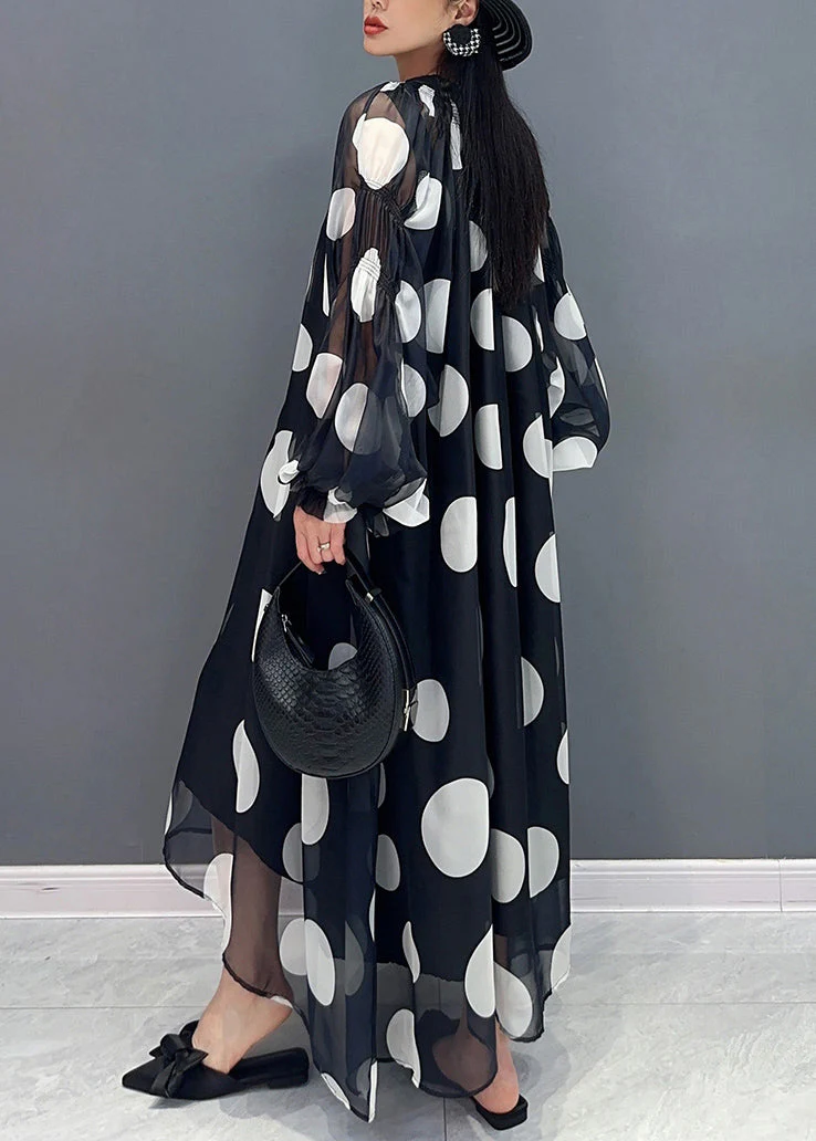 Black Dot Dreamland Tie Waist Chiffon Long Dress Puff Sleeve - Image 4