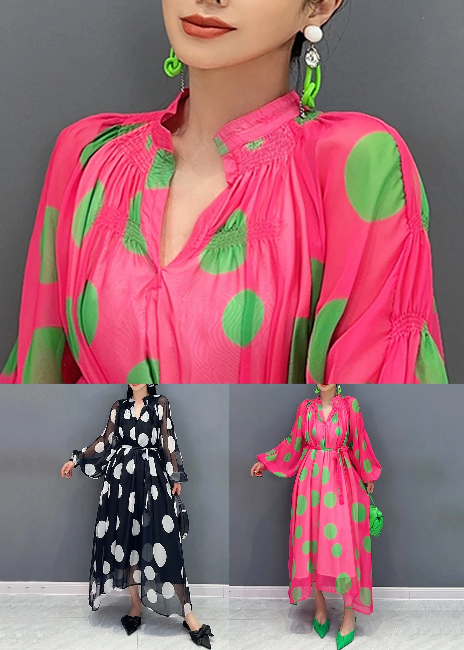 Black Dot Dreamland Tie Waist Chiffon Long Dress Puff Sleeve - Image 5