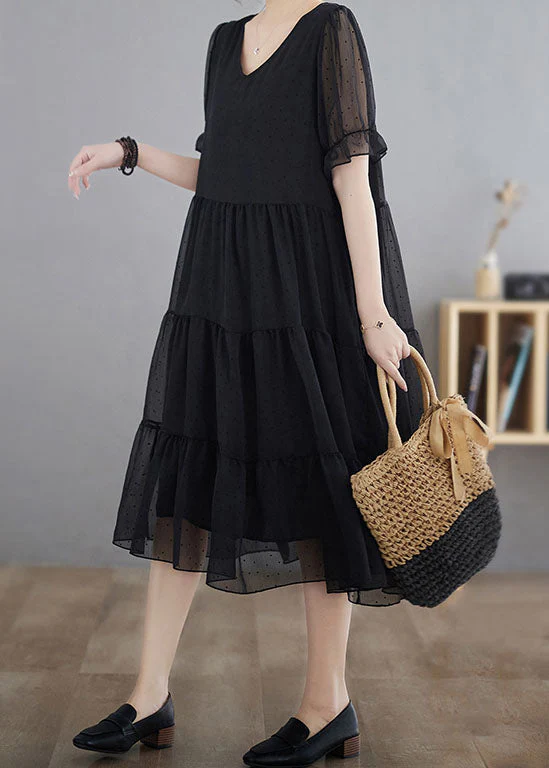 Black Dot Print Patchwork Chiffon Dresses V Neck Wrinkled Summer - Image 2