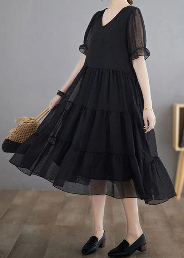 Black Dot Print Patchwork Chiffon Dresses V Neck Wrinkled Summer - Image 3
