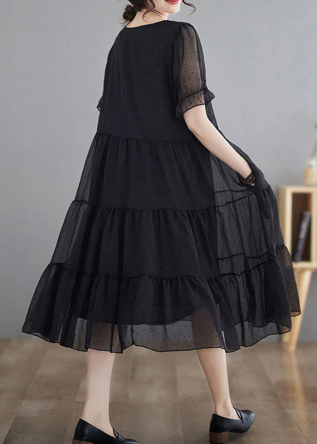 Black Dot Print Patchwork Chiffon Dresses V Neck Wrinkled Summer - Image 4