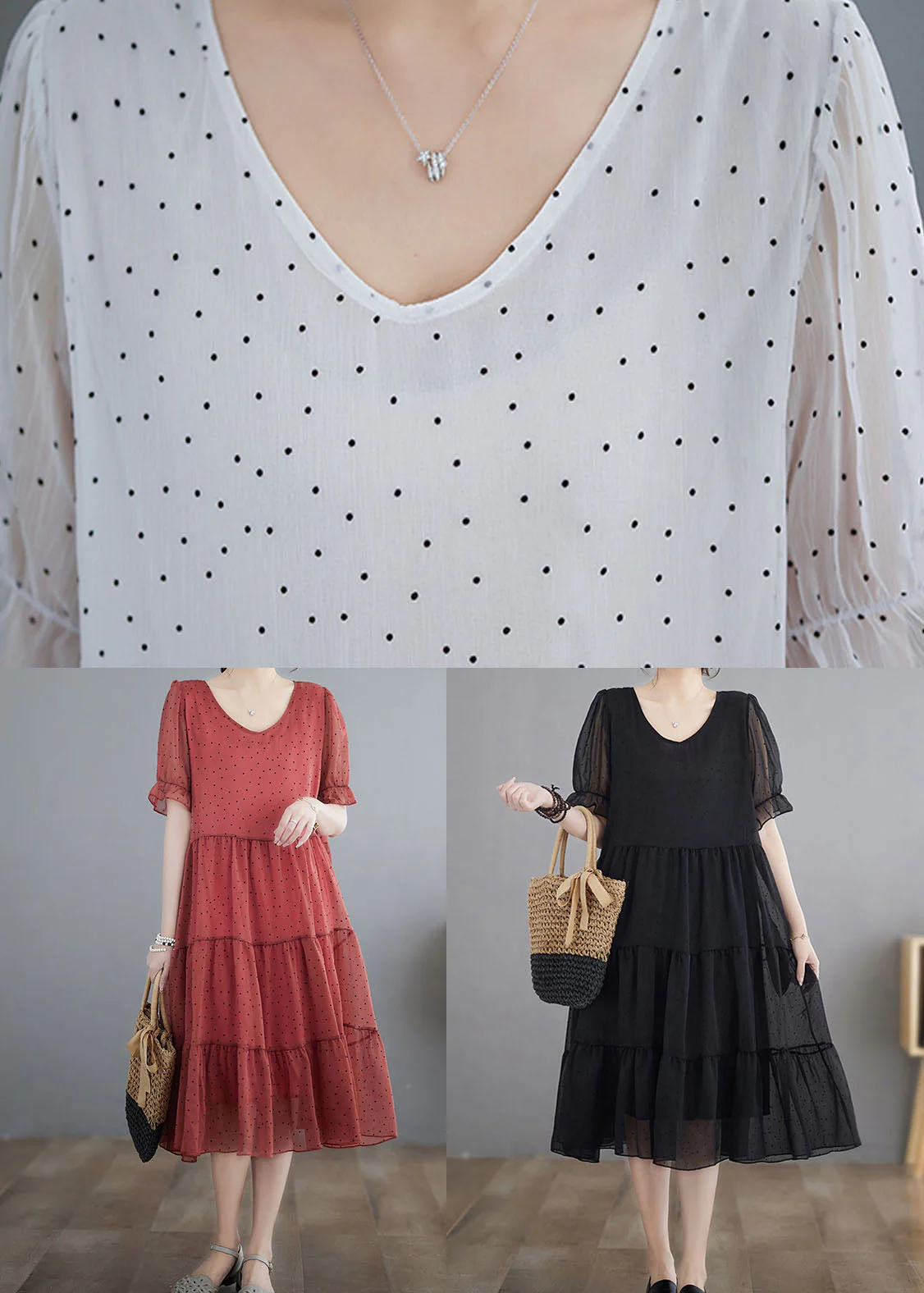 Black Dot Print Patchwork Chiffon Dresses V Neck Wrinkled Summer - Image 5