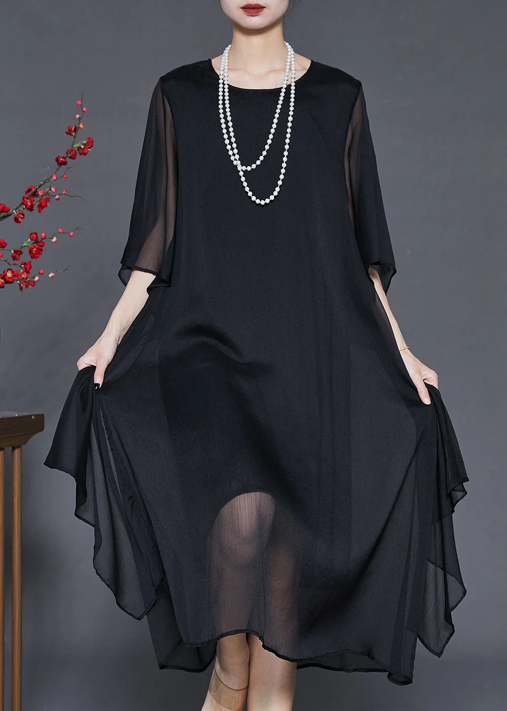 Black Draping Chiffon Maxi Dresses Oversized Summer