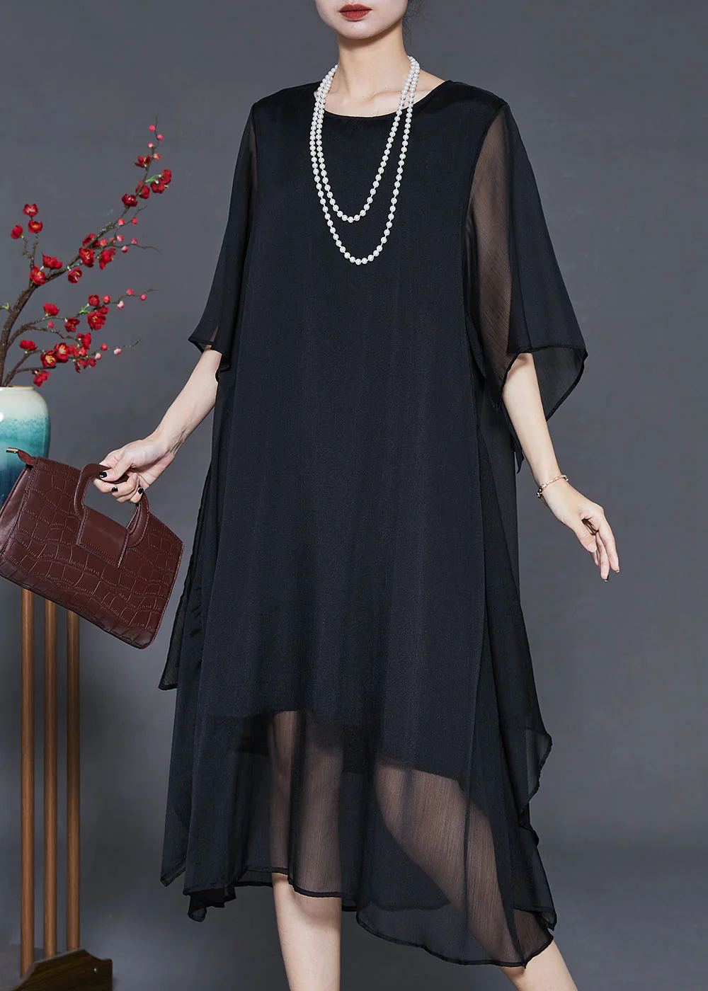 Black Draping Chiffon Maxi Dresses Oversized Summer - Image 2