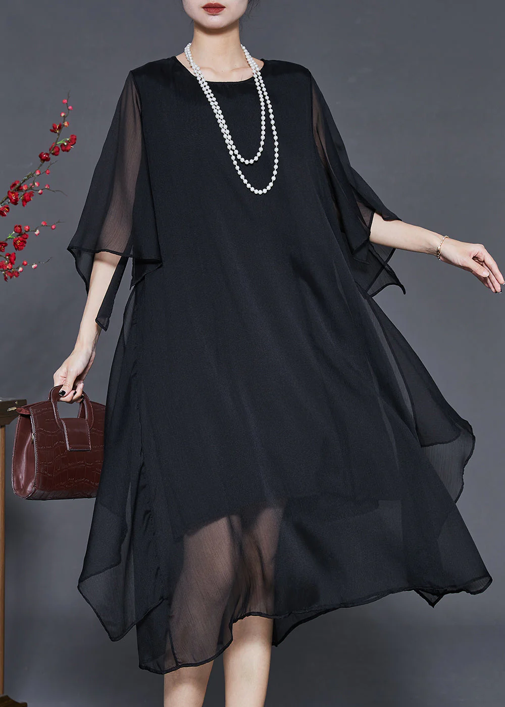 Black Draping Chiffon Maxi Dresses Oversized Summer - Image 3