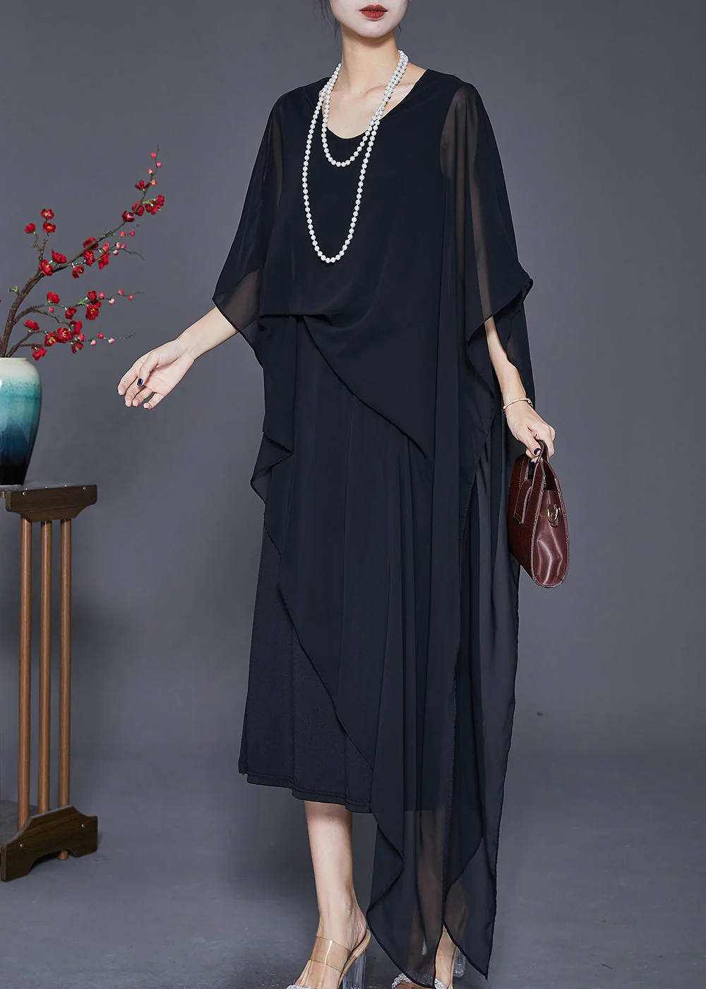 Black Draping Chiffon Robe Dresses Asymmetrical Cloak Sleeves - Image 2