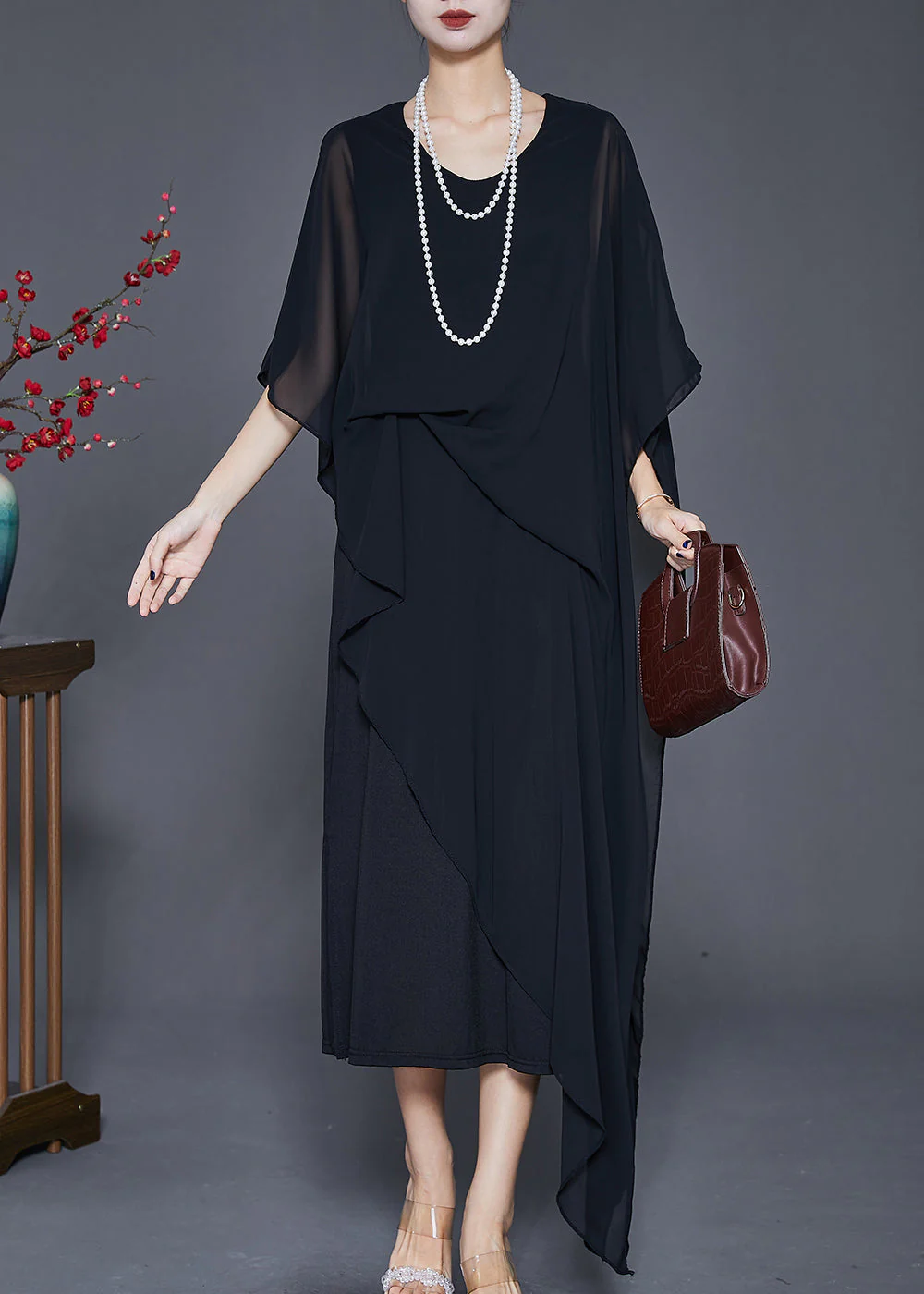 Black Draping Chiffon Robe Dresses Asymmetrical Cloak Sleeves - Image 3