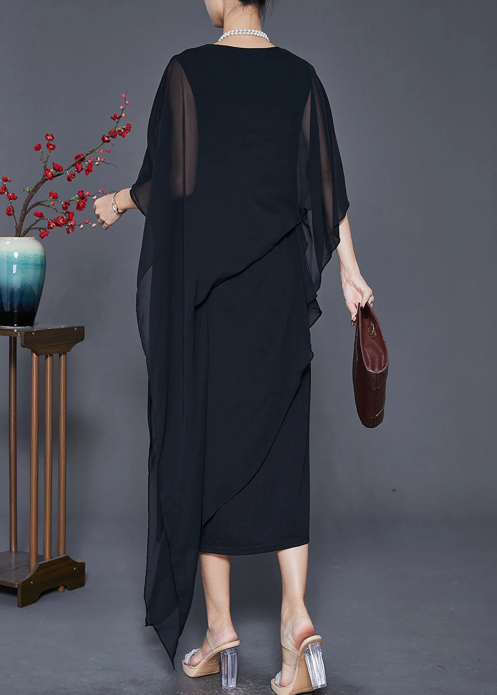 Black Draping Chiffon Robe Dresses Asymmetrical Cloak Sleeves - Image 4