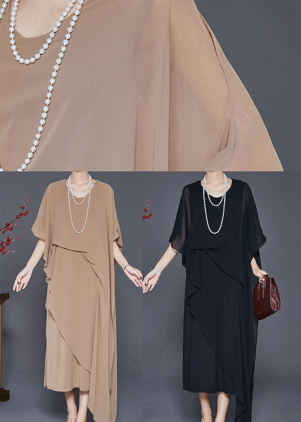 Black Draping Chiffon Robe Dresses Asymmetrical Cloak Sleeves - Image 5