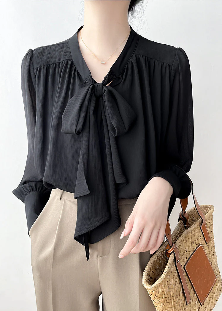 Black Draping Chiffon Shirt Top Bow Spring - Image 2