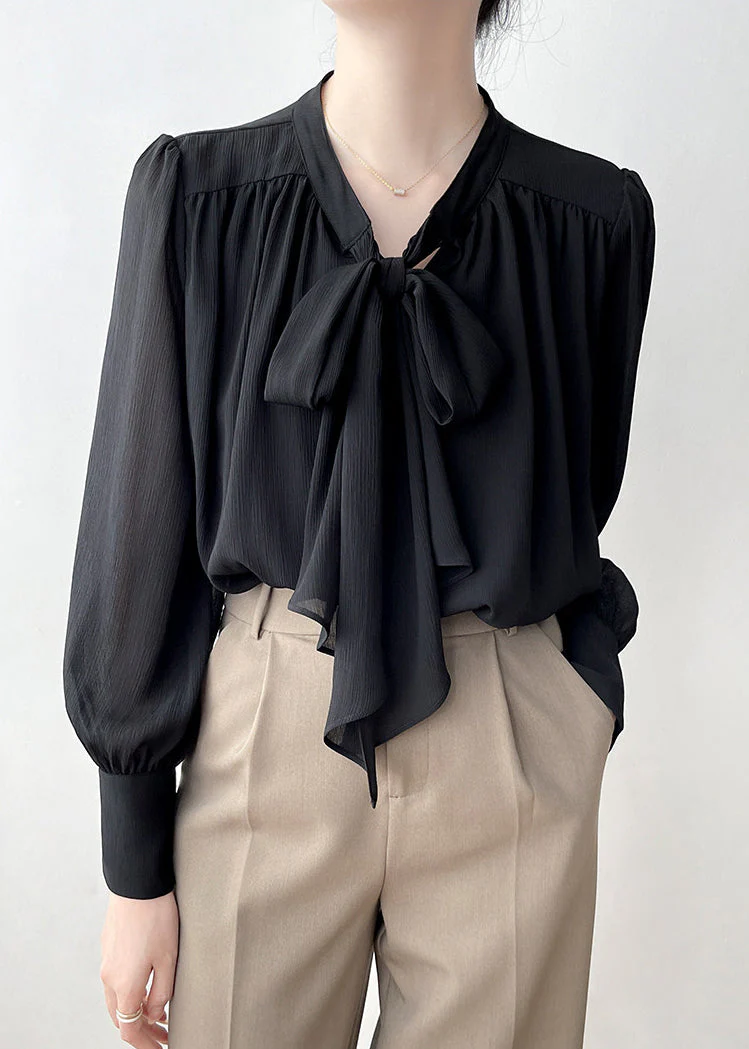 Black Draping Chiffon Shirt Top Bow Spring - Image 3
