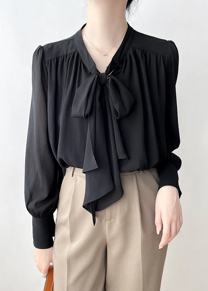 Black Draping Chiffon Shirt Top Bow Spring - Image 4