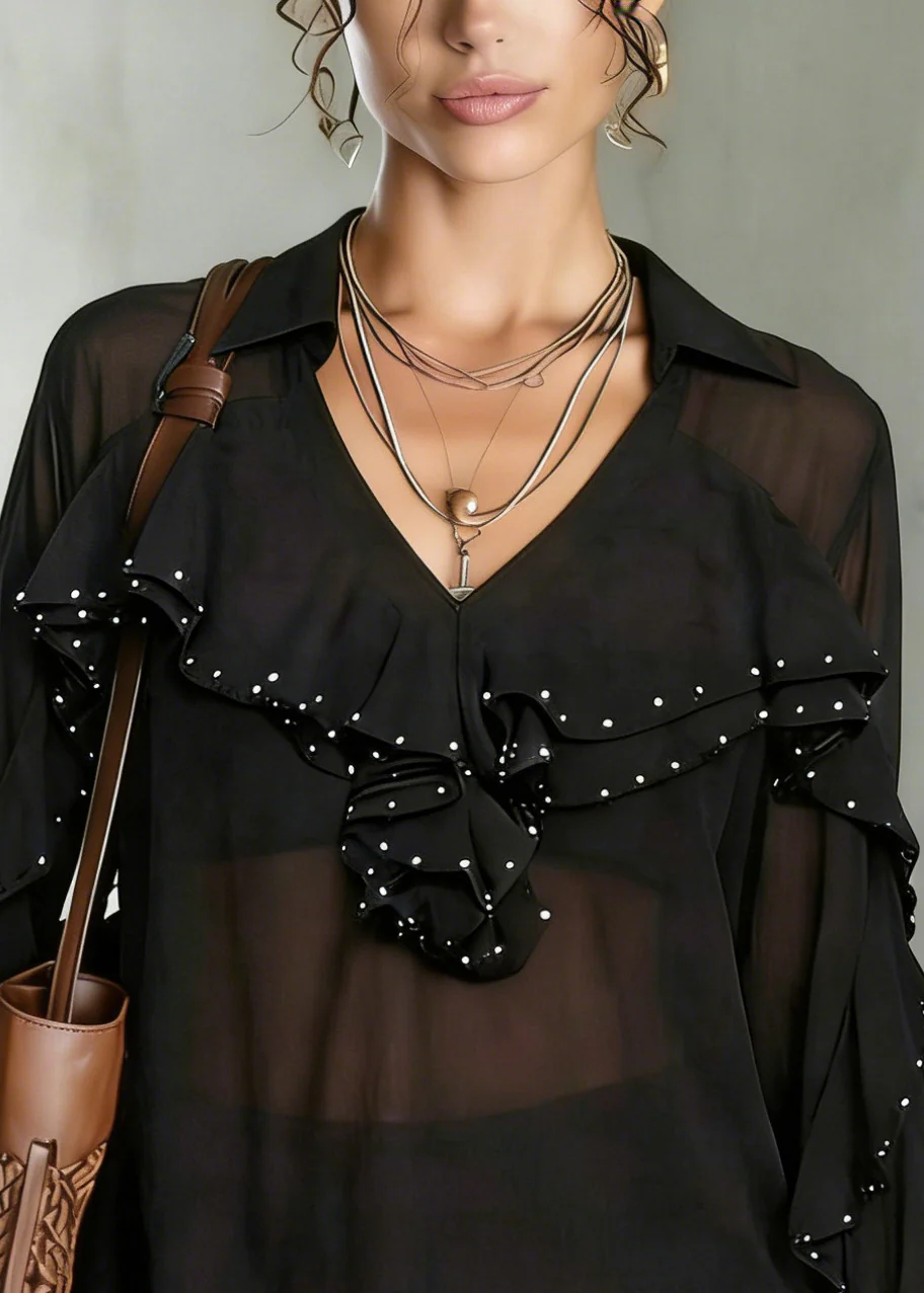 Black Draping Chiffon Shirt Tops Ruffled Nail Bead Spring - Image 2