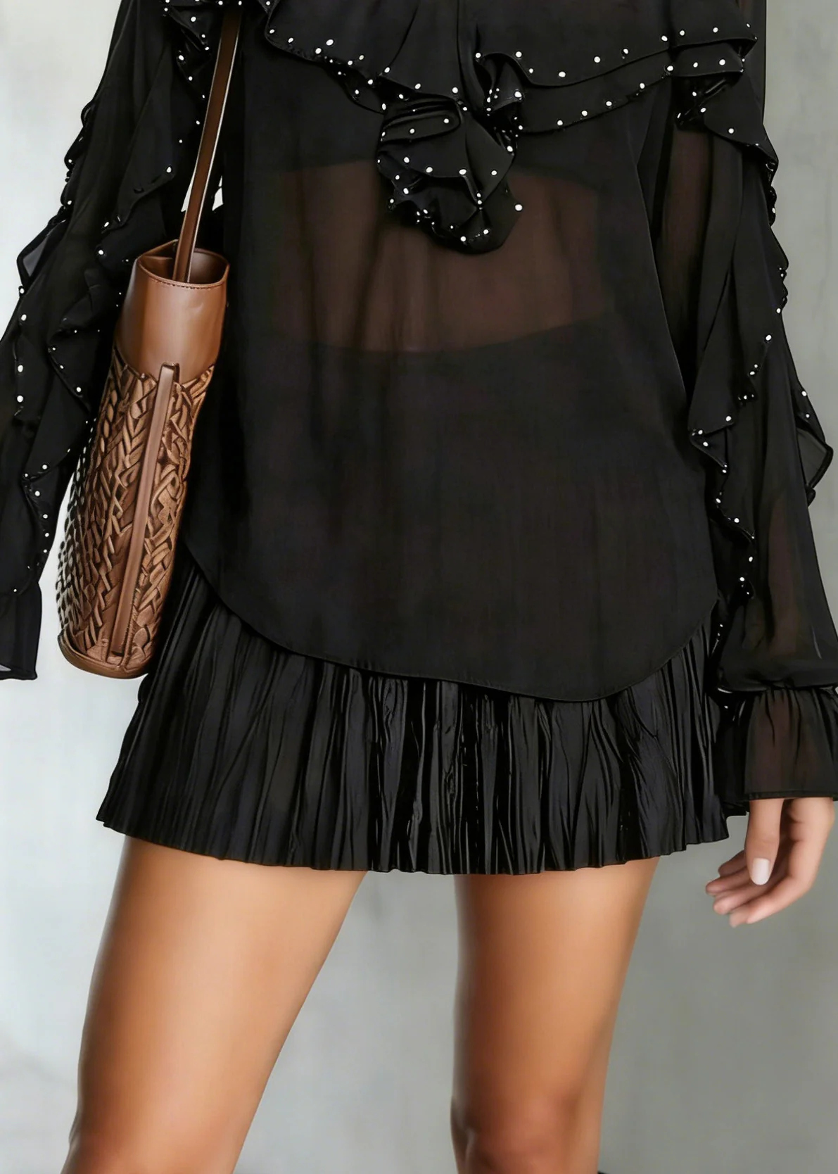 Black Draping Chiffon Shirt Tops Ruffled Nail Bead Spring - Image 4