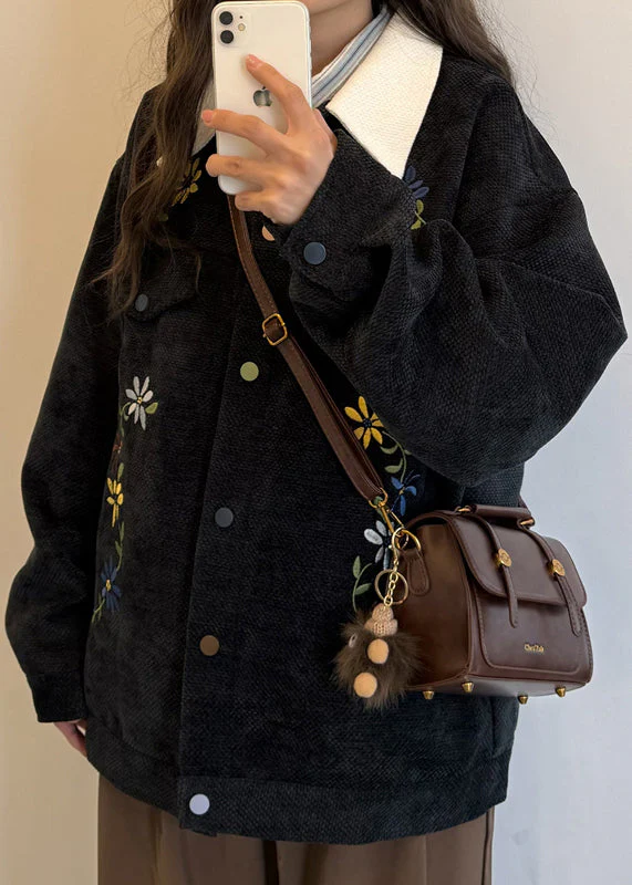 Black Embroidered Button Patchwork Cotton Coats Peter Pan Collar - Image 4