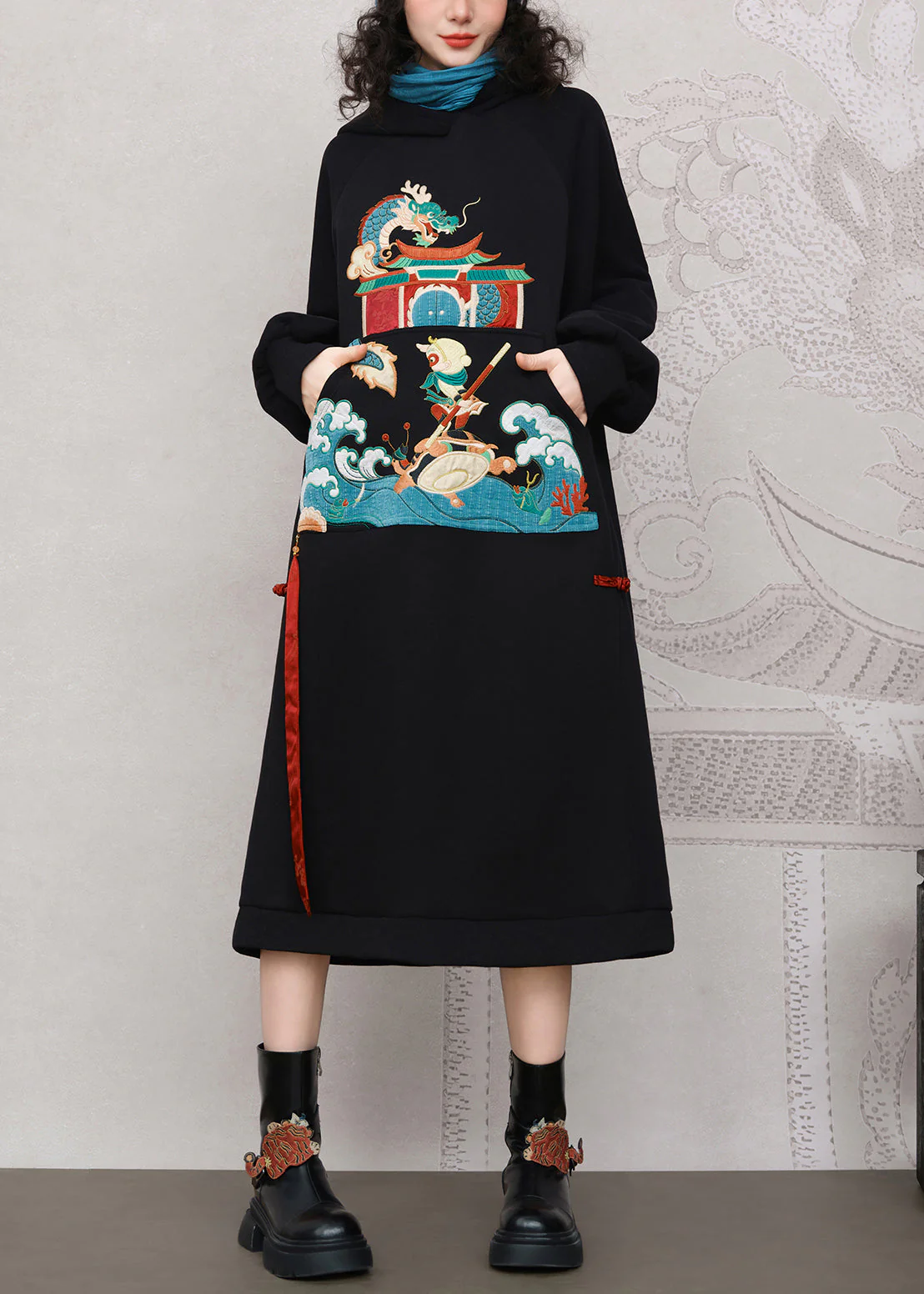 Black Embroidered Pockets Warm Fleece Long Dress Hooded - Image 2