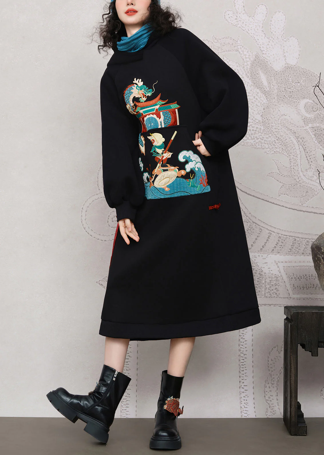 Black Embroidered Pockets Warm Fleece Long Dress Hooded - Image 3