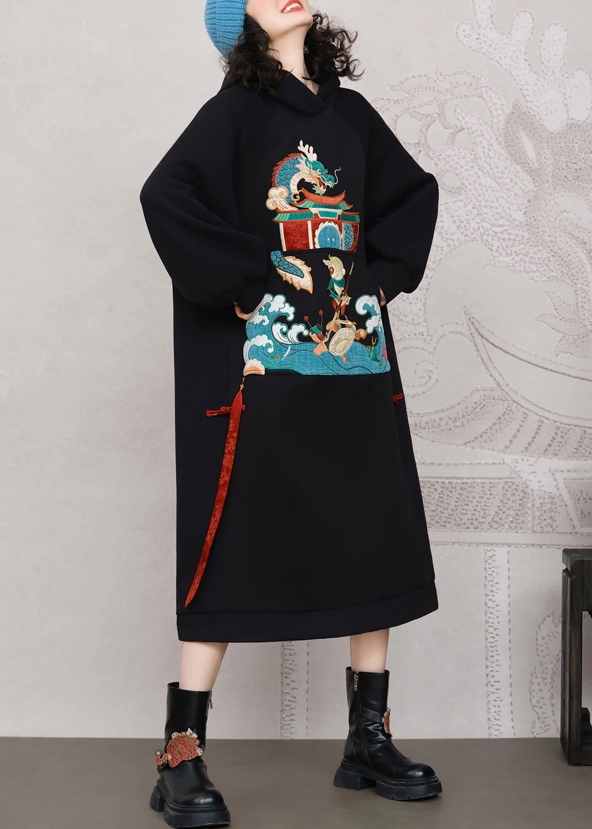 Black Embroidered Pockets Warm Fleece Long Dress Hooded - Image 4