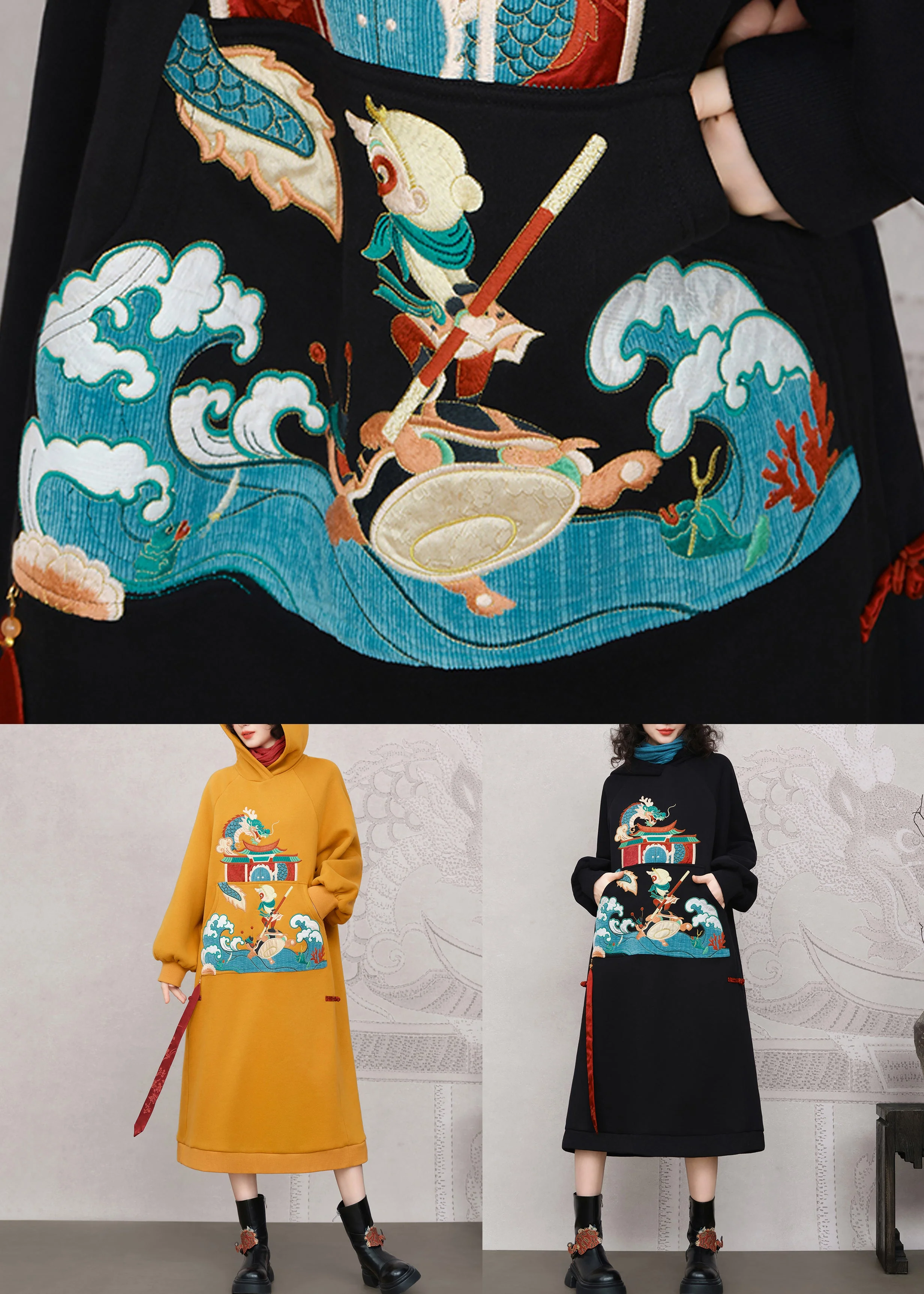 Black Embroidered Pockets Warm Fleece Long Dress Hooded - Image 5