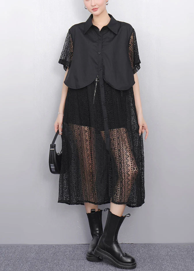 Black False Two Pieces Patchwork Lace Summer Blouses Dress Button - Image 2