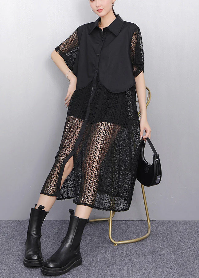 Black False Two Pieces Patchwork Lace Summer Blouses Dress Button - Image 3