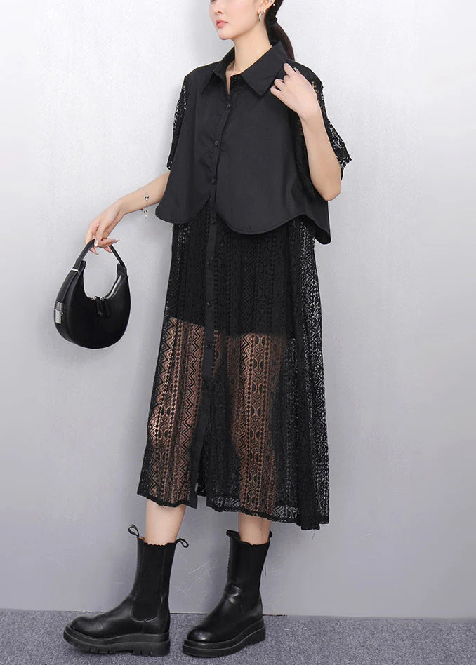 Black False Two Pieces Patchwork Lace Summer Blouses Dress Button - Image 4