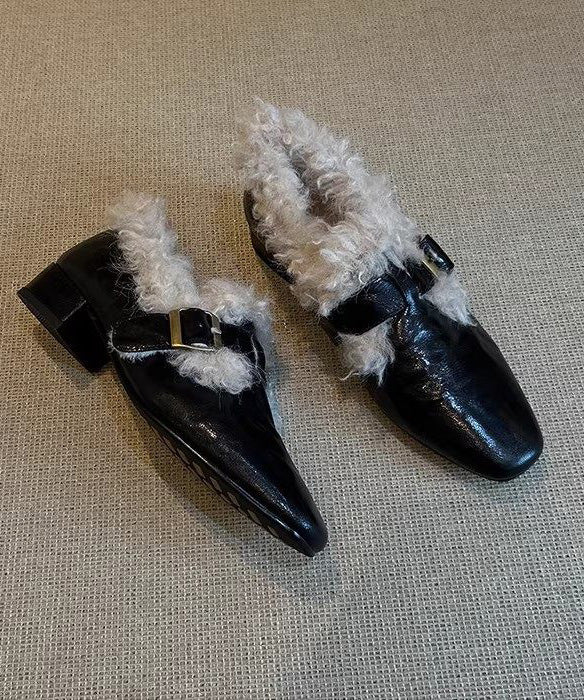 Black Faux Leather Splicing Chunky Loafer Shoes Fuzzy Wool Lined - Image 3