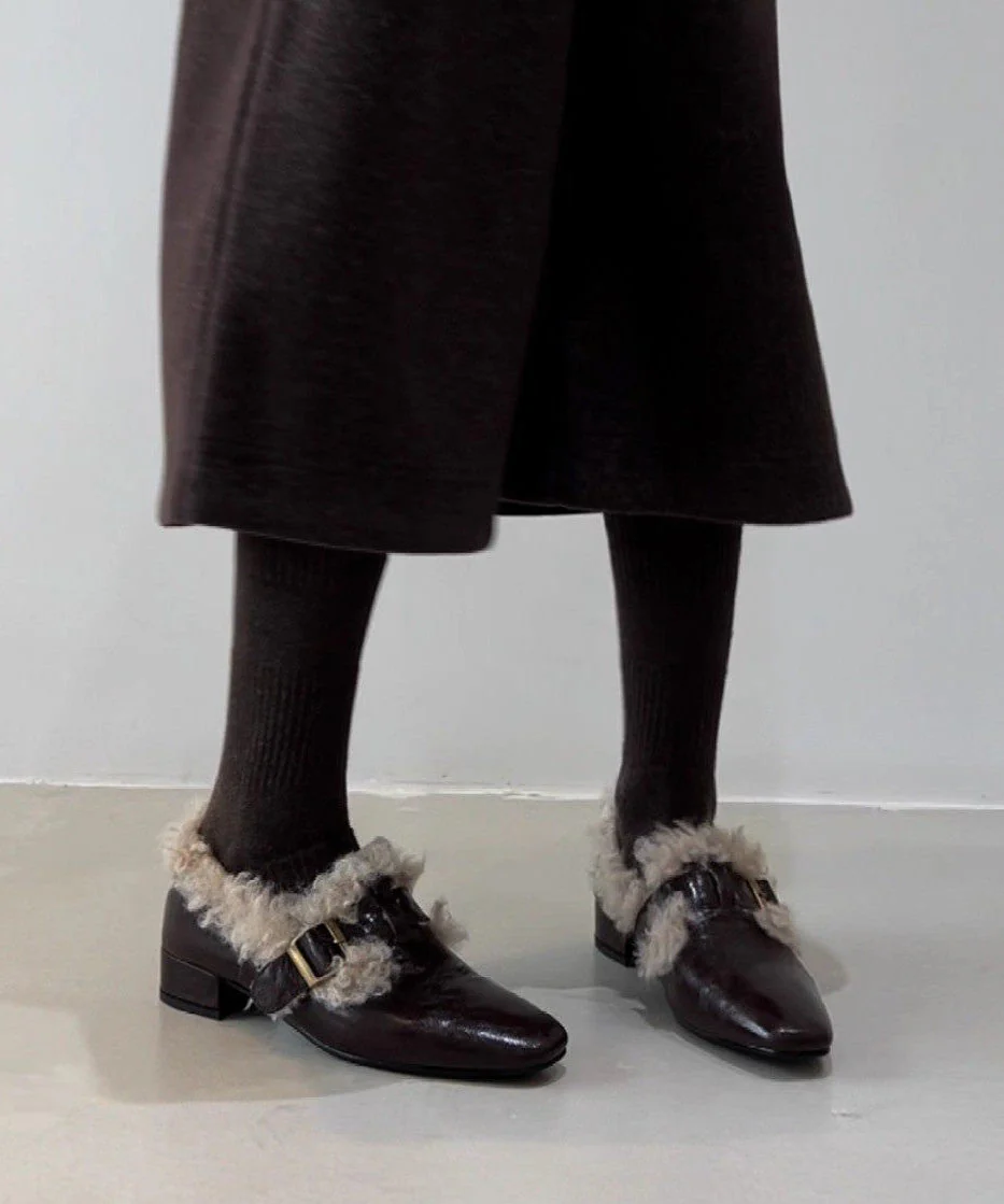 Black Faux Leather Splicing Chunky Loafer Shoes Fuzzy Wool Lined - Image 4