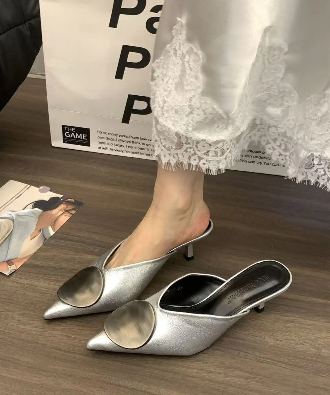 Black Faux Leather Splicing High Heels Slide Sandals Pointed Toe - Image 2