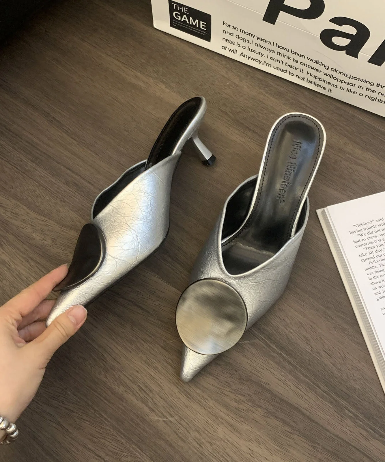 Black Faux Leather Splicing High Heels Slide Sandals Pointed Toe - Image 4