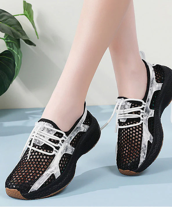 Black Flat Feet Shoes Knit Fabric Art Hollow Out Flats - Image 3