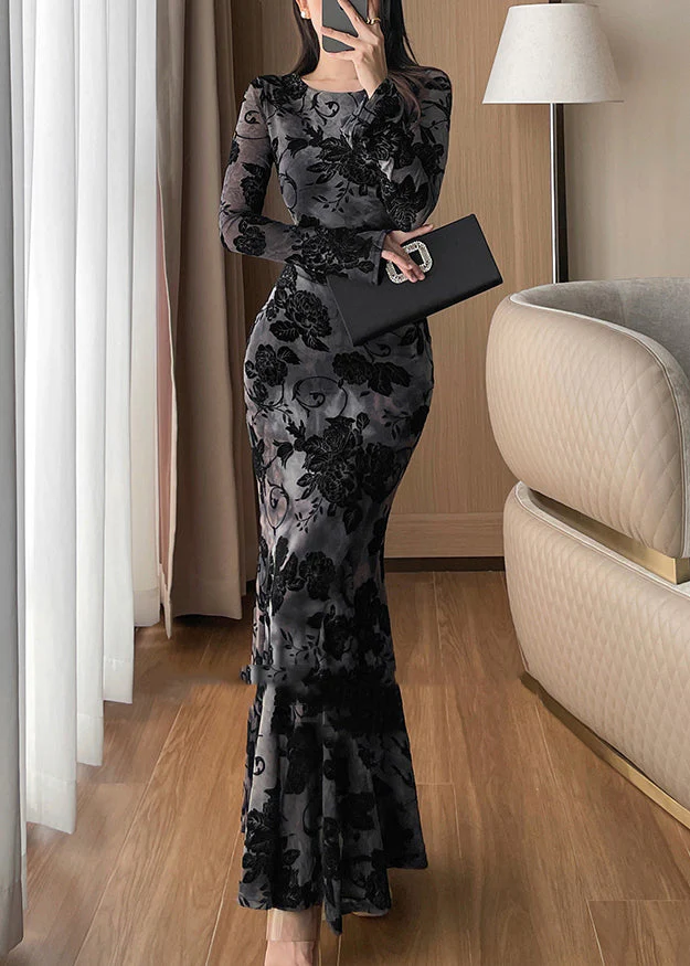 Black Flattering Maxi Fishtail Dress Flare Sleeve - Image 4