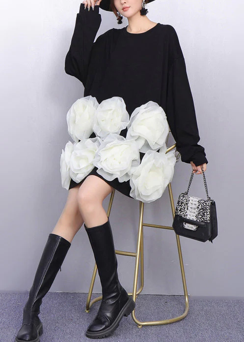 Black Floral Decorated Cotton Mid Dresses Oversized Spring - Image 2