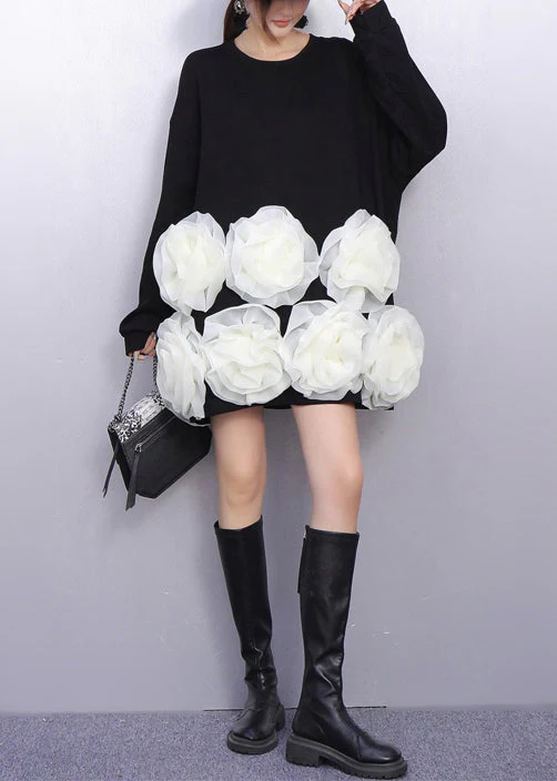 Black Floral Decorated Cotton Mid Dresses Oversized Spring - Image 3
