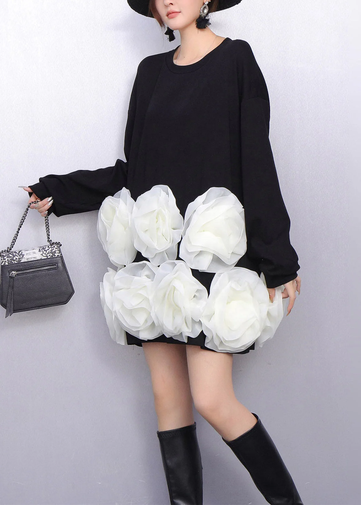 Black Floral Decorated Cotton Mid Dresses Oversized Spring - Image 4