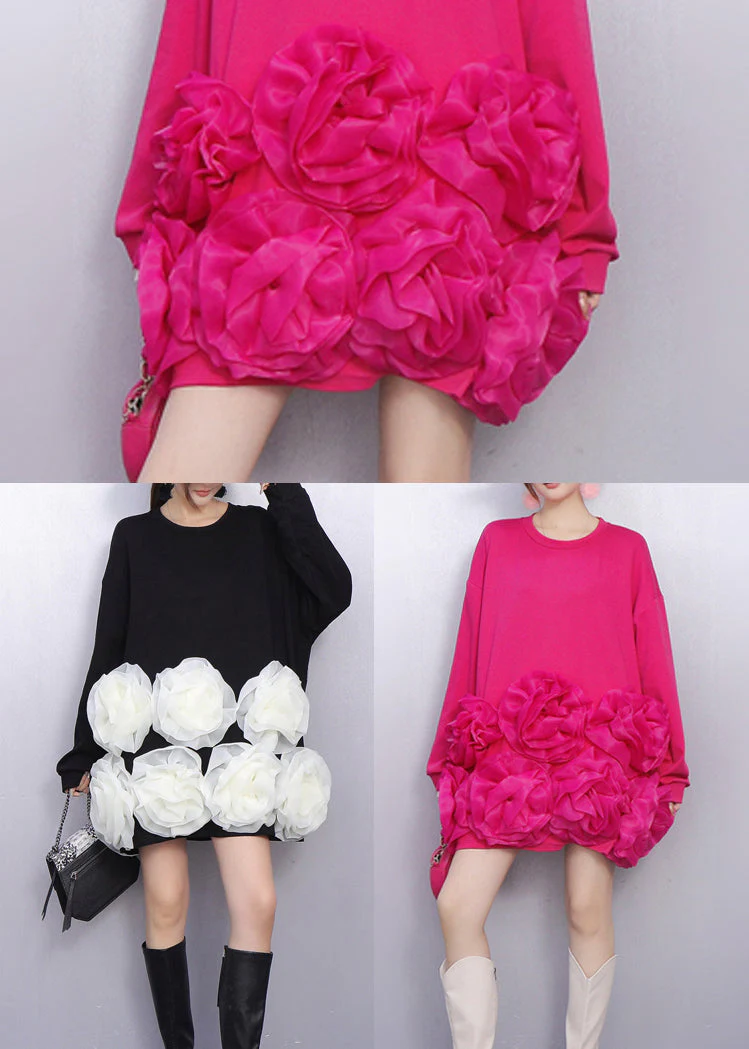 Black Floral Decorated Cotton Mid Dresses Oversized Spring - Image 5