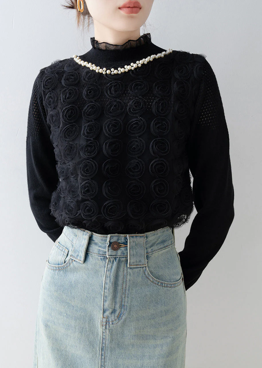 Black Floral Decorated Knit Shirt Top Stand Collar Spring - Image 2