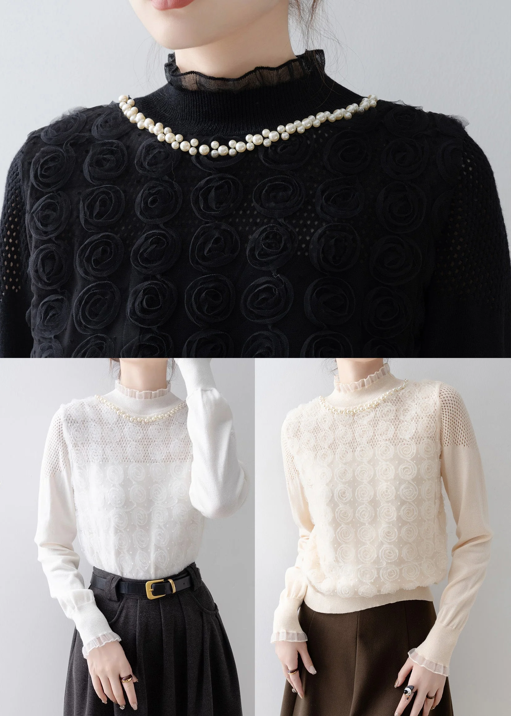 Black Floral Decorated Knit Shirt Top Stand Collar Spring - Image 5