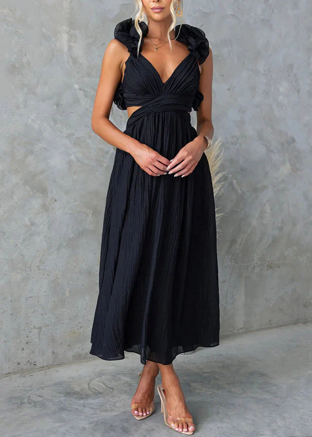 Black Floral Elastic Waist Cotton Long Dresses V Neck Sleeveless - Image 2