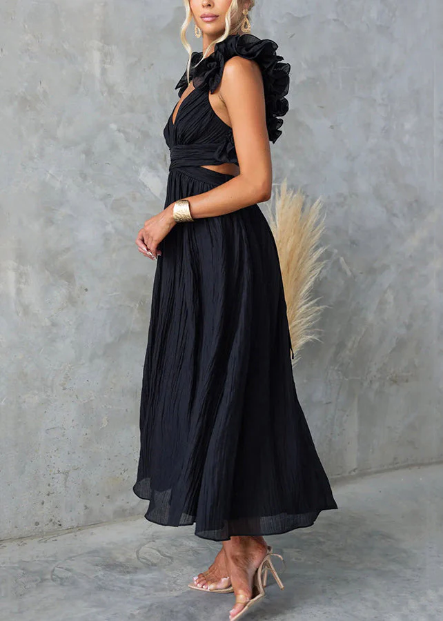 Black Floral Elastic Waist Cotton Long Dresses V Neck Sleeveless - Image 3