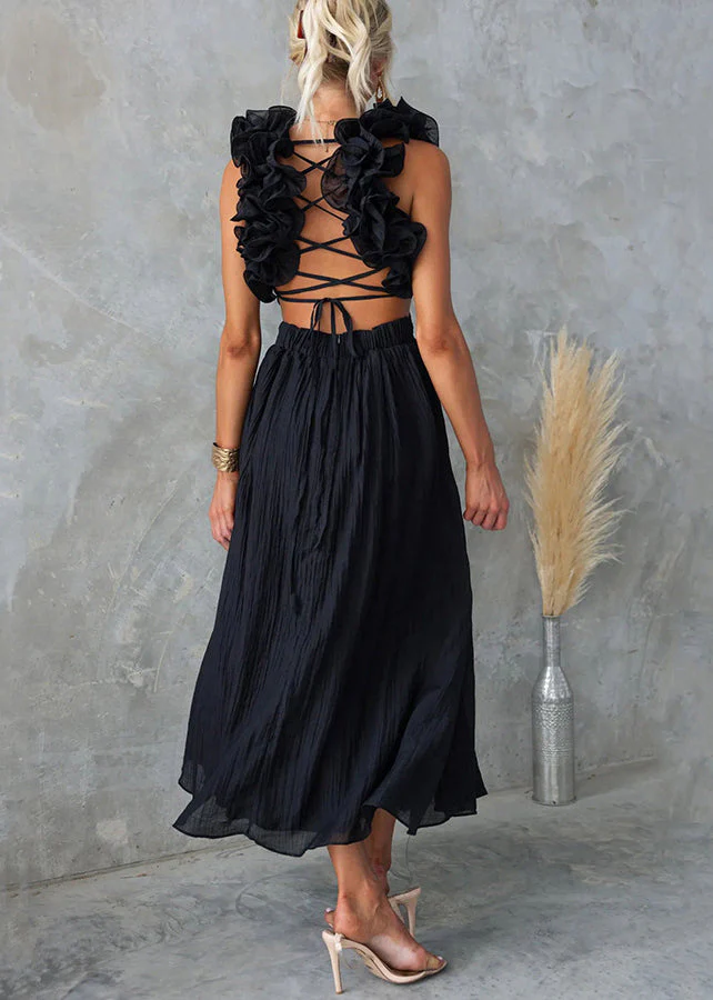 Black Floral Elastic Waist Cotton Long Dresses V Neck Sleeveless - Image 4