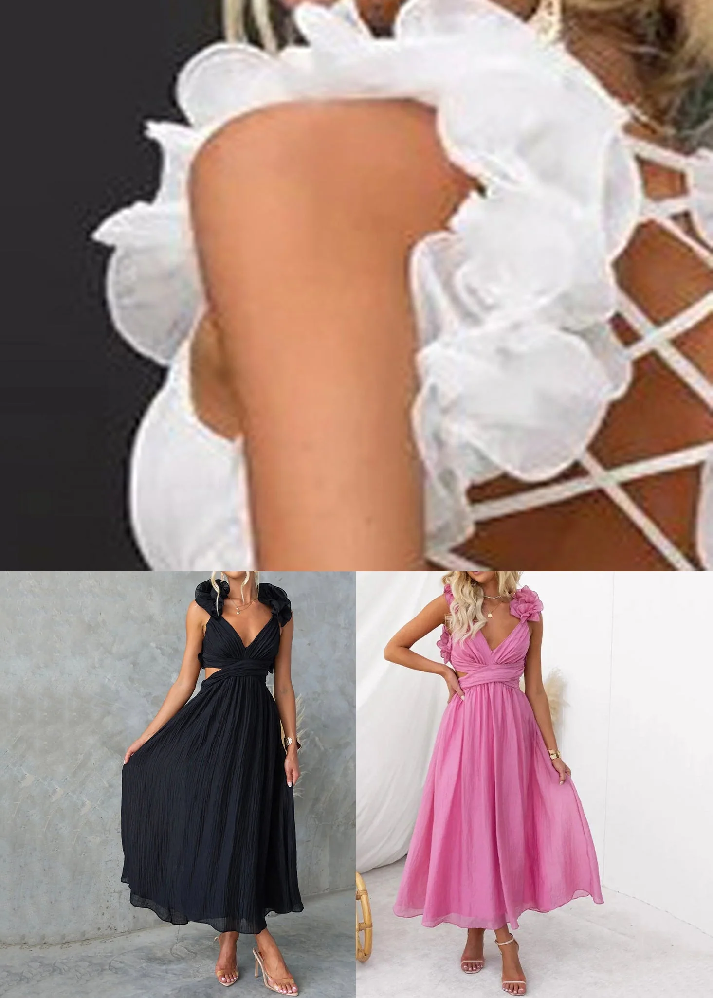 Black Floral Elastic Waist Cotton Long Dresses V Neck Sleeveless - Image 5