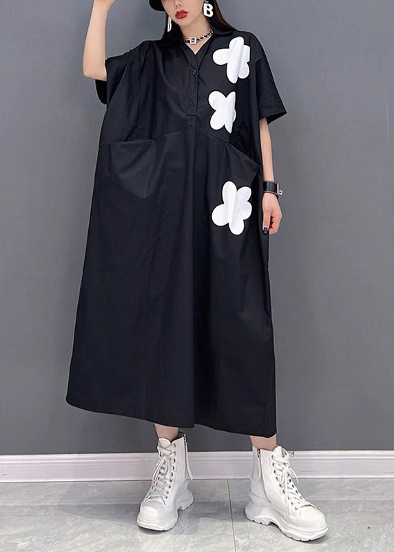 Black Floral Patchwork Pockets Button Dress Short Sleeve - Image 2