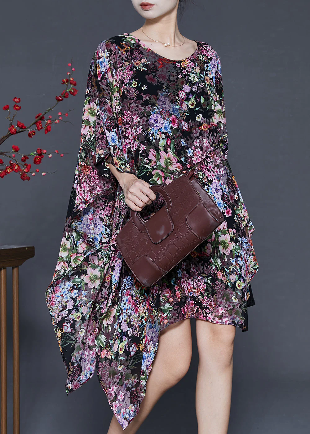 Black Floral Print Chiffon Dress Asymmetrical Design Summer - Image 2