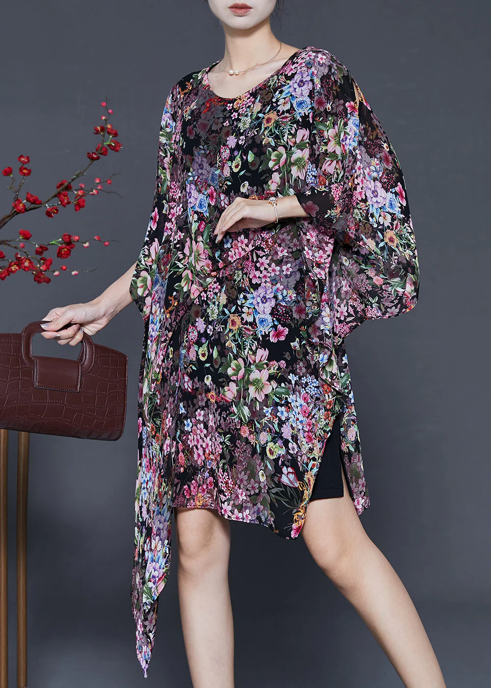 Black Floral Print Chiffon Dress Asymmetrical Design Summer - Image 3