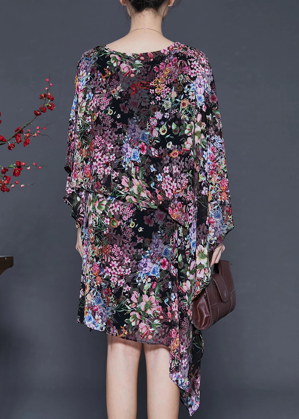 Black Floral Print Chiffon Dress Asymmetrical Design Summer - Image 4