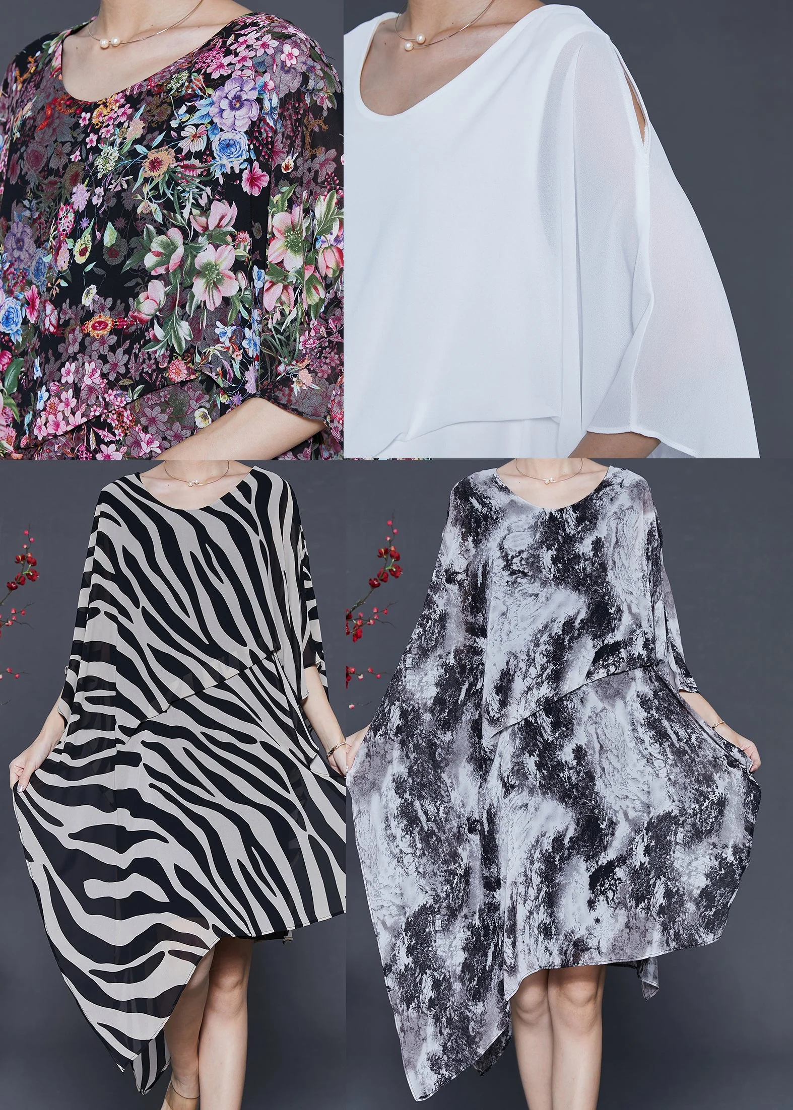 Black Floral Print Chiffon Dress Asymmetrical Design Summer - Image 5