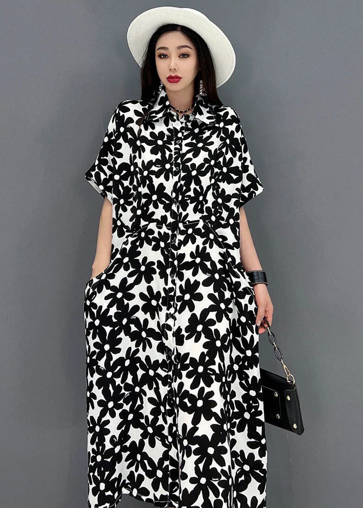 Black Floral Print Cotton Long Dresses Turn-down Collar Short Sleeve - Image 4