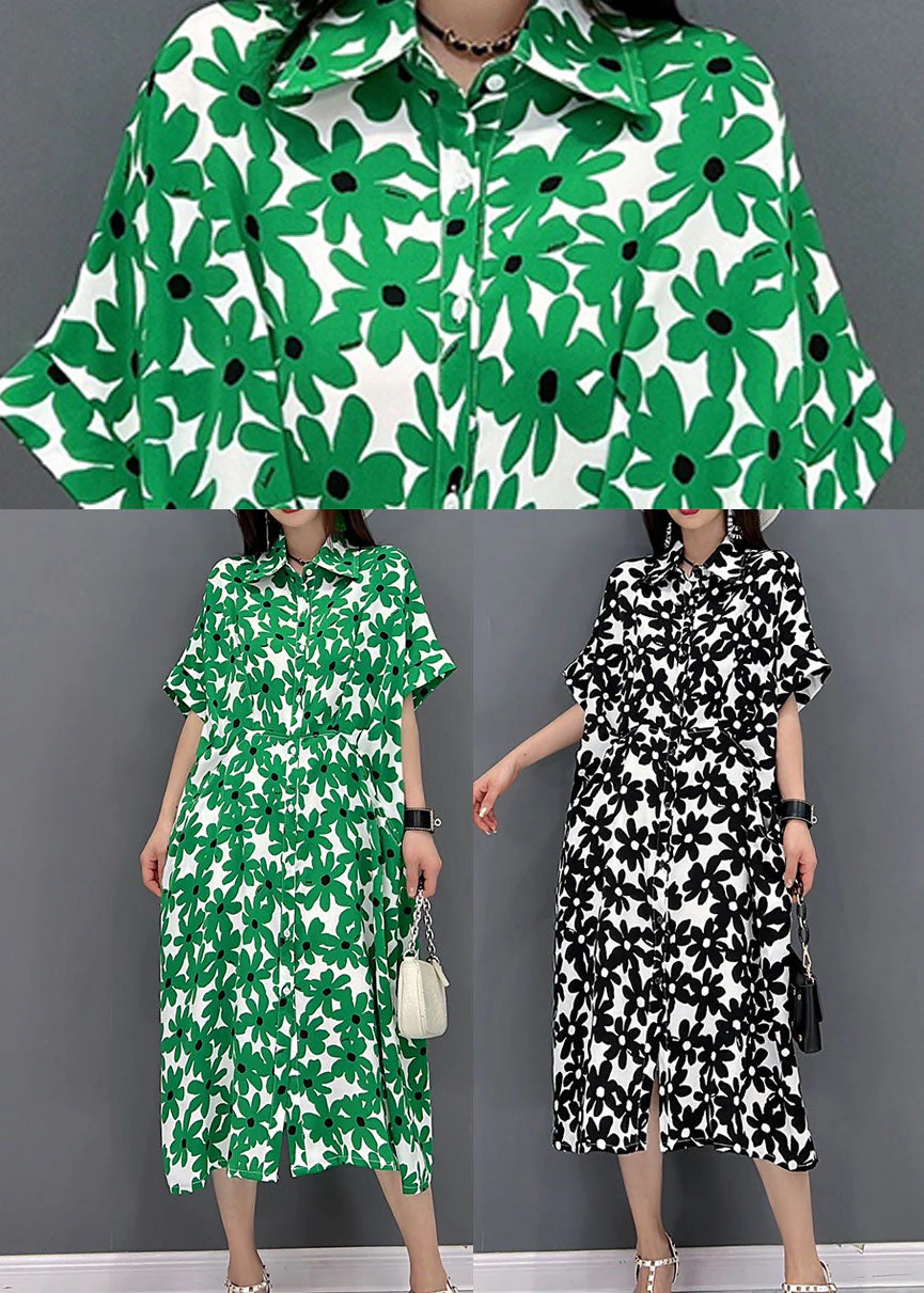 Black Floral Print Cotton Long Dresses Turn-down Collar Short Sleeve - Image 5